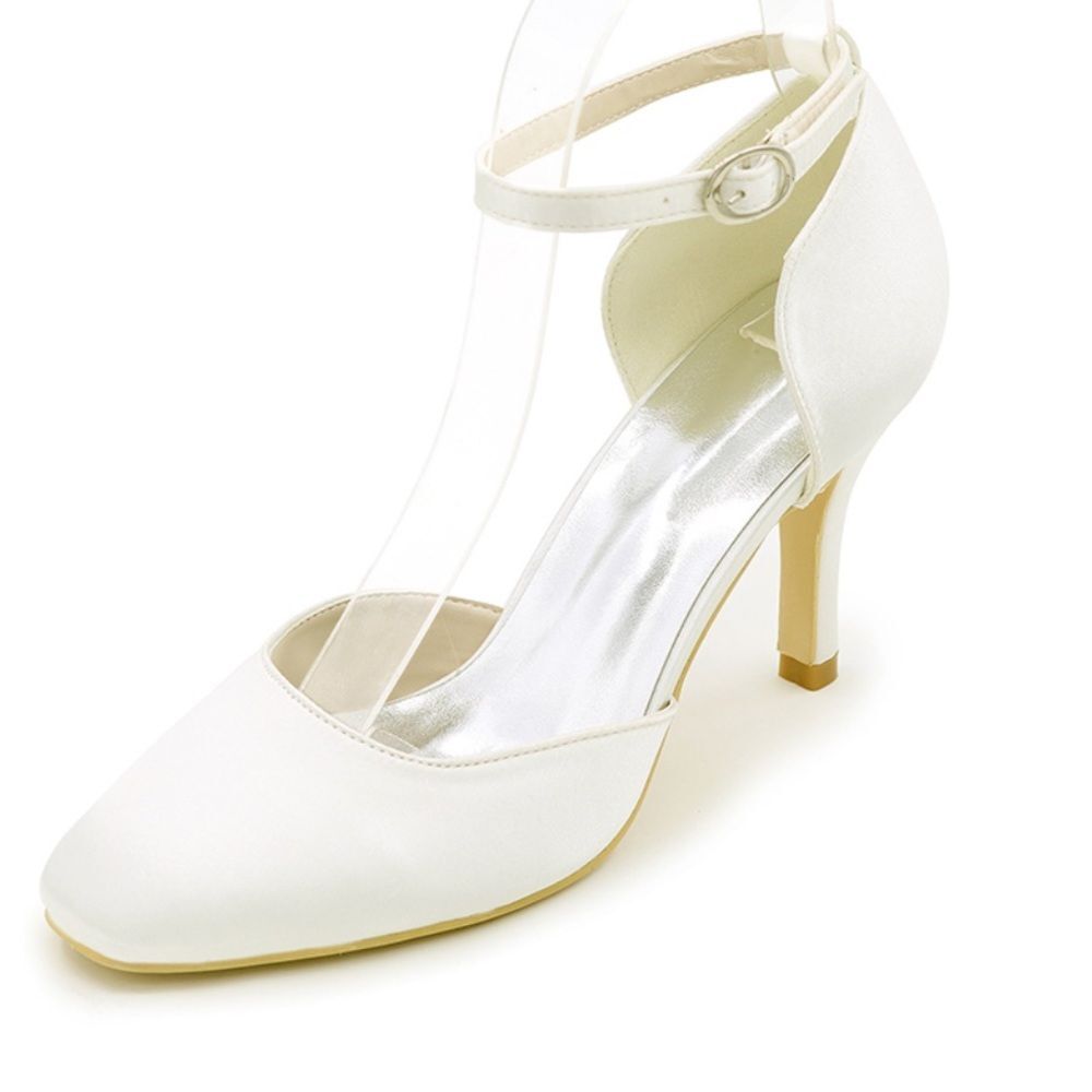 Women's Silk Like Satin Stiletto Heel Pumps with ankle strap white size 8.5
